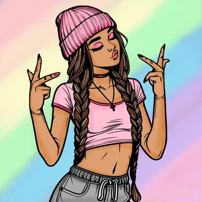 realistic teenage girl with braids and a beanie and crop top doing 🫶🏼