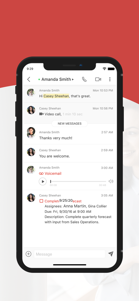 Avaya Cloud Office - Avaya Cloud Office chat screen displaying messages voicemail and business tasks