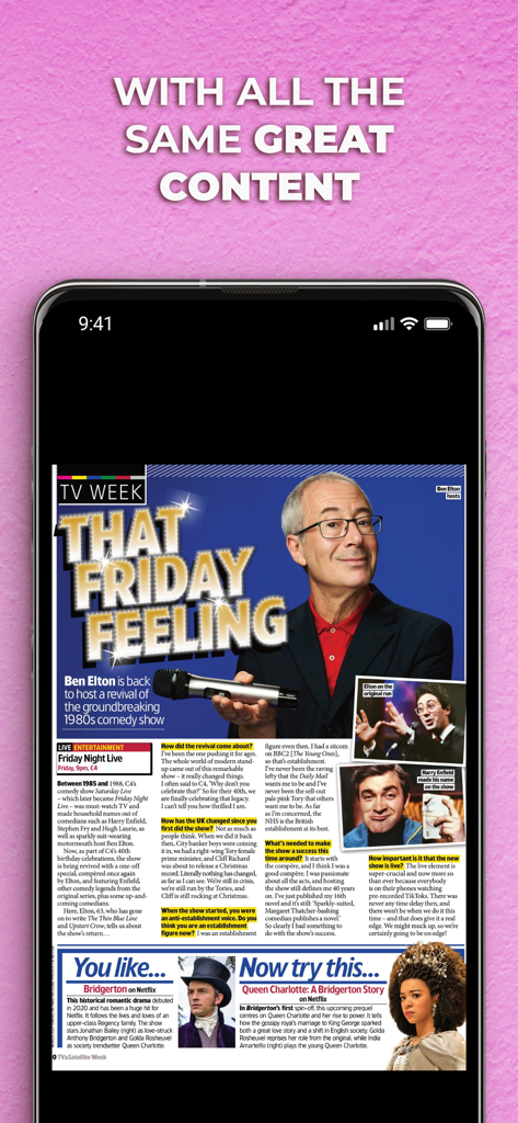 Pagina di rivista digitale nell'app TV e Satellite Week con un articolo su Ben Elton e raccomandazioni di programmi