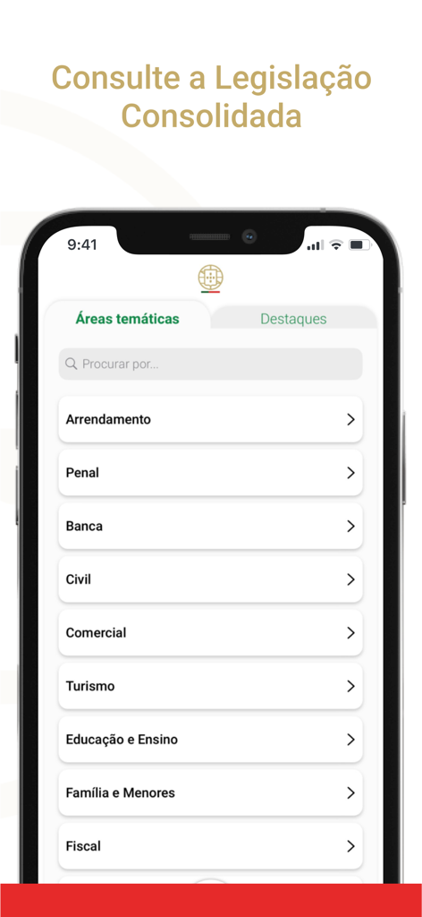 Diário da República - Ecrã de smartphone da app Diário da República a mostrar uma lista de categorias temáticas jurídicas para legislação consolidada