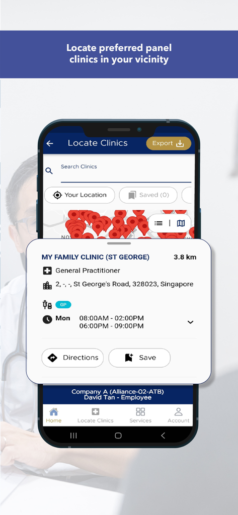iCare 2.0 - Pantalla de la aplicación iCare 2.0 que muestra la función de localización de clínicas asociadas preferidas con un mapa y detalles de la clínica