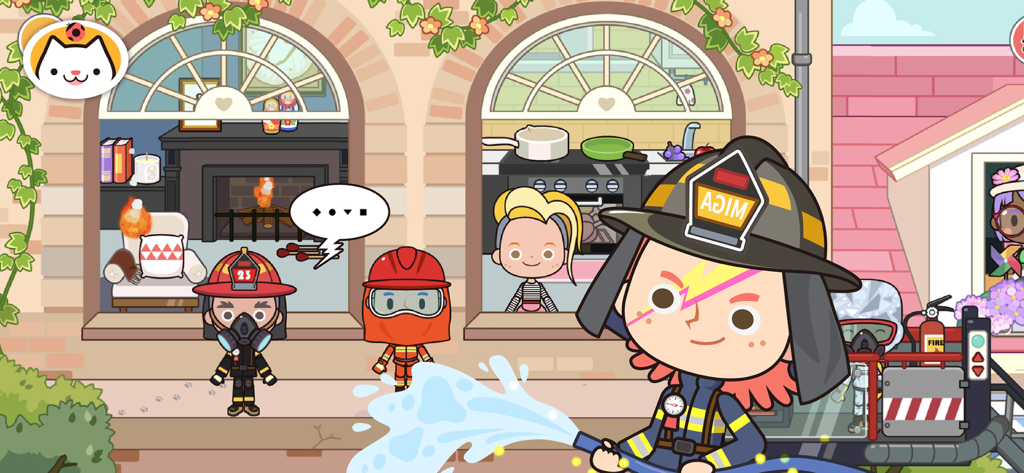 Personaje de bombero de dibujos animados rociando agua en el juego Miga Town Mi Estación de Bomberos
