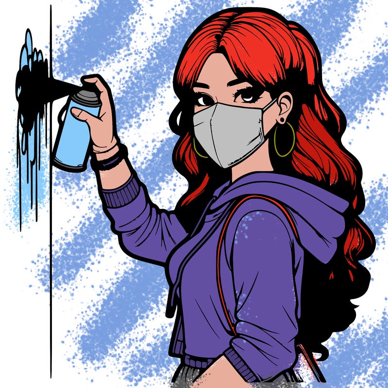 realistic girl with mask spray painting a wall