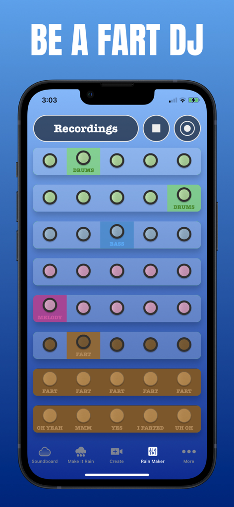 Interface of the Fart DJ mixer in the Fart World app showing various sound buttons for creating custom sequences.