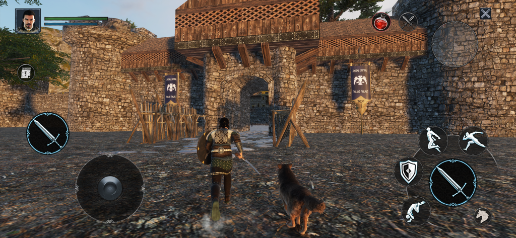 Alparslan: Warlord RPG Game - Juego en tercera persona que muestra a un guerrero y un compañero lobo acercándose a la puerta de un castillo medieval de piedra en Alparslan Warlord RPG.