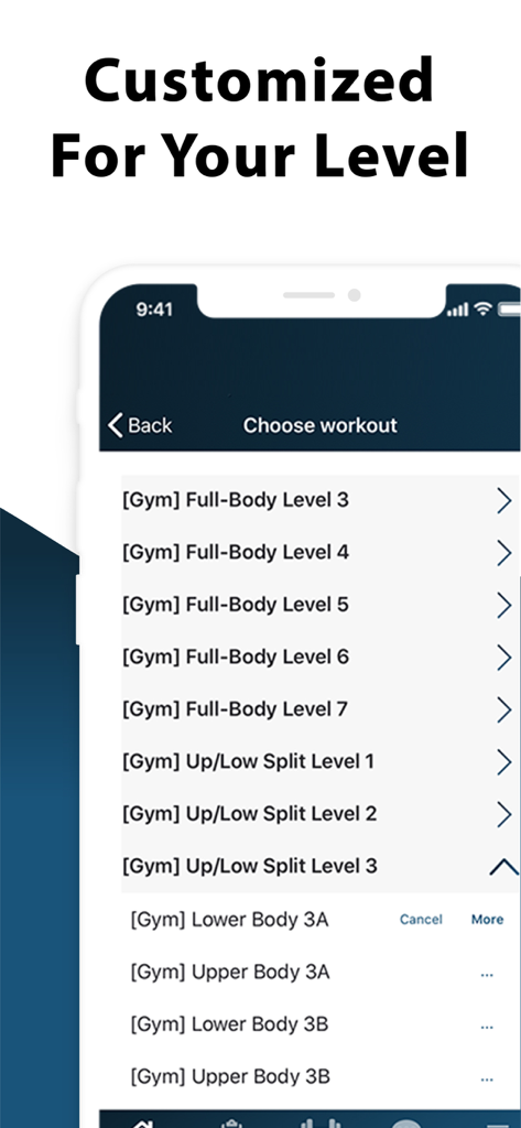 Dr. Muscle AI Personal Trainer - Pantalla de la aplicación Dr. Muscle que muestra una lista de programas de entrenamiento de gimnasio personalizados categorizados por nivel de condición física.
