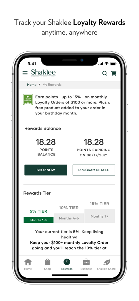 Shaklee Connect app loyalty rewards interface showing points balance and membership tiers