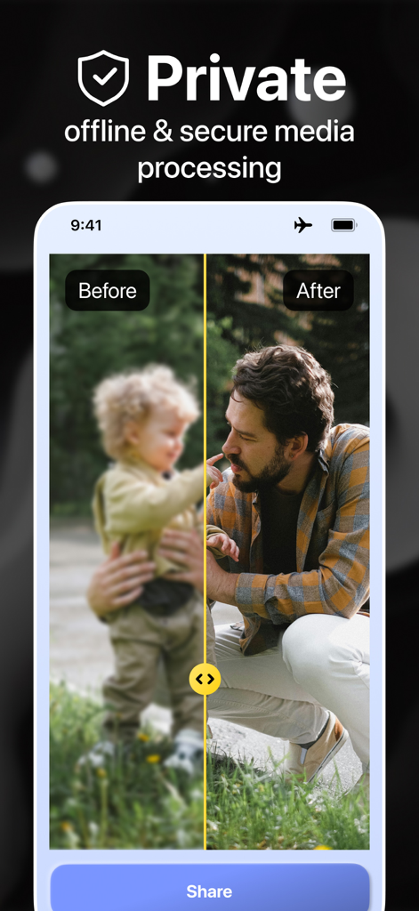 UScale app showing before and after comparison of a sharpened photo with privacy features