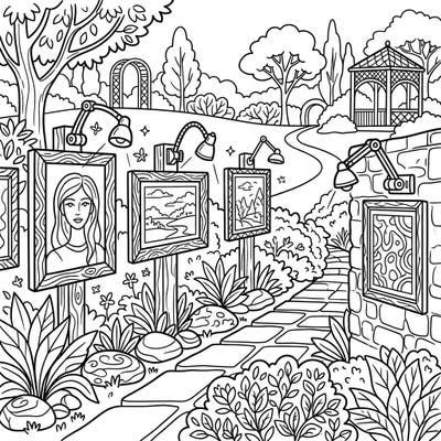 Step into a charming outdoor art gallery, where beautiful paintings are lit by elegant picture lights amidst a serene garden landscape. This full scene coloring page invites you to bring an artistic exhibition to life with your favorite colors.
