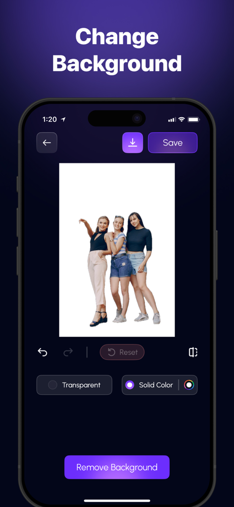 Schermata di uno smartphone che mostra lo strumento di rimozione dello sfondo dell'app RPQ AI con tre donne e uno sfondo cancellato.