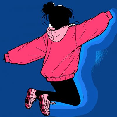 realistic girl jumping with a bun and oversized sweatshirt