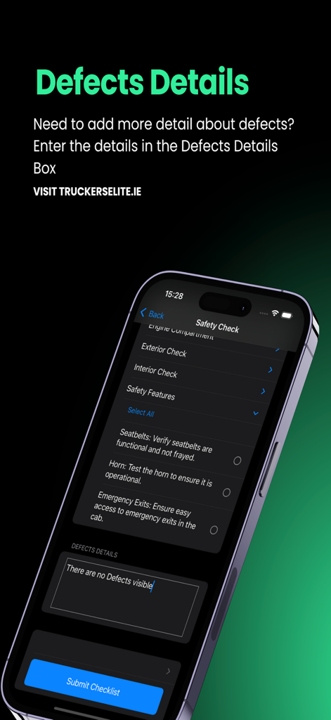 WalkAround Checks app screen showing a vehicle safety inspection checklist and a defects details text box