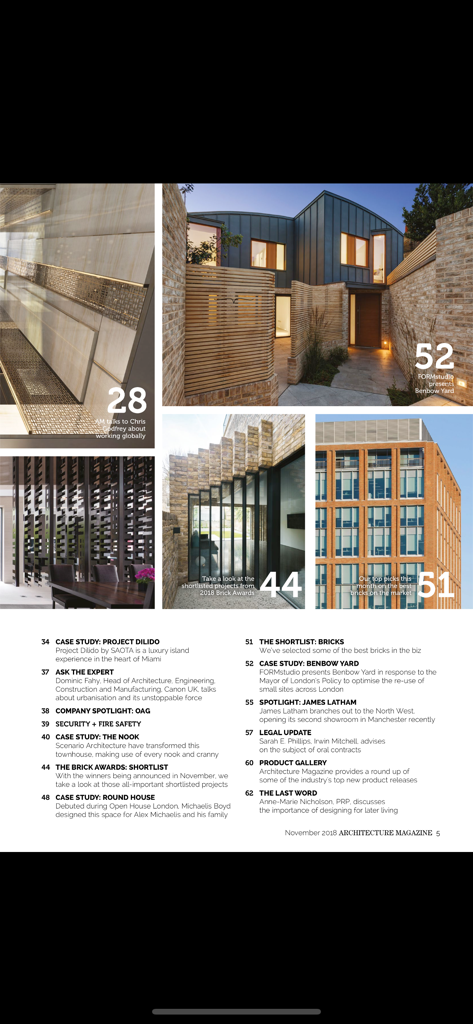 Table of contents page from the Architecture Magazine app featuring architectural case studies and industry news