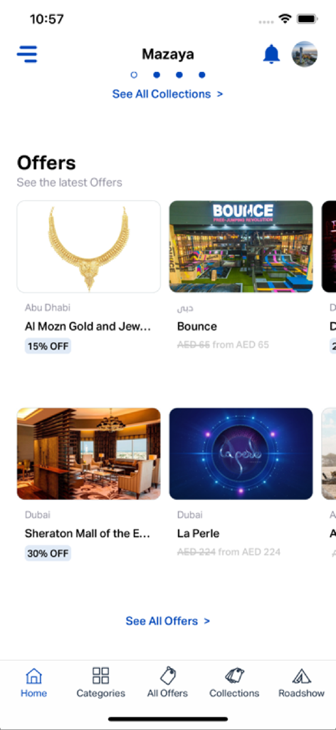 Mazaya Offers app homepage showing exclusive lifestyle and entertainment discounts in the UAE