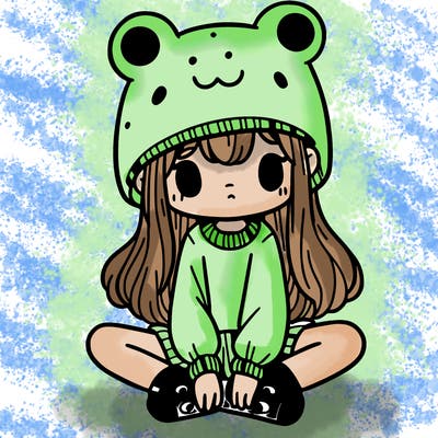 a girl wearing a frog hat and some frog socks