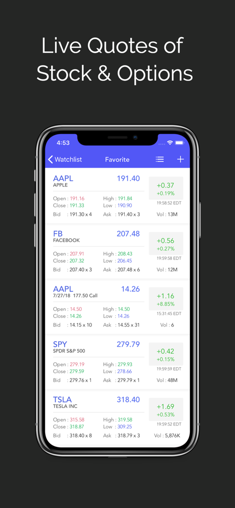 Smartphone screen displaying a live stock and options watchlist with real-time price updates.