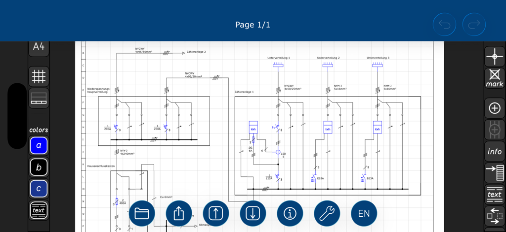 Un diagrama de circuito eléctrico detallado que se está diseñando en la aplicación Circuit Planner, mostrando símbolos y herramientas IEC