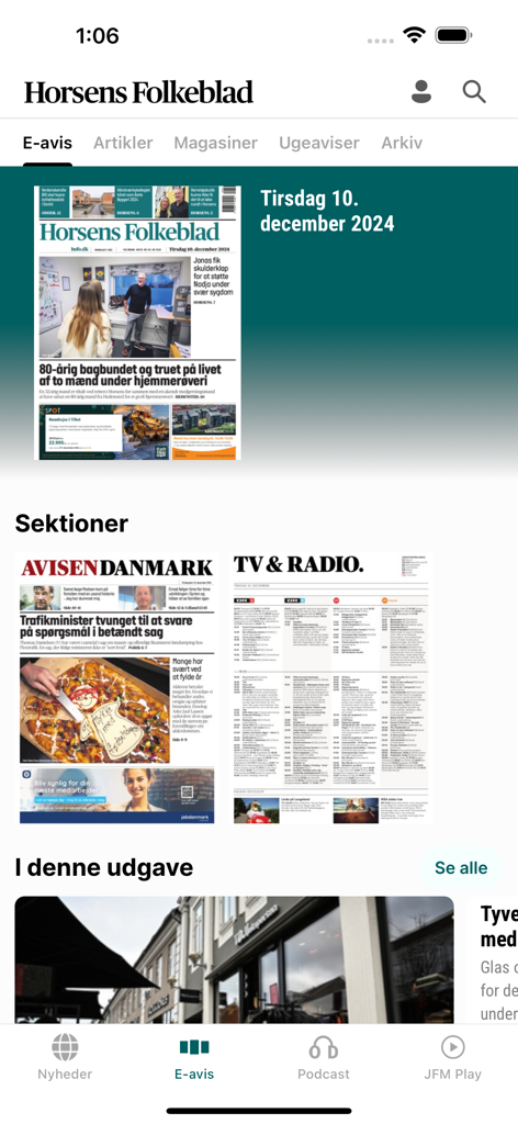 The Horsens Folkeblad mobile app showing the digital e-newspaper edition and navigation menu.