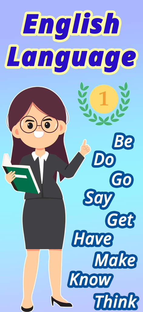 be、do、goのような主要な英語の動詞のリストを持つ教師のキャラクターを示すグラフィック。