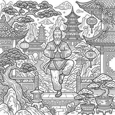 Embark on a tranquil coloring journey with this exquisite scene featuring a wise Kung Fu Master. Discover a world of intricate details, from ancient pagodas to serene bonsai trees, all waiting for your creative touch.
