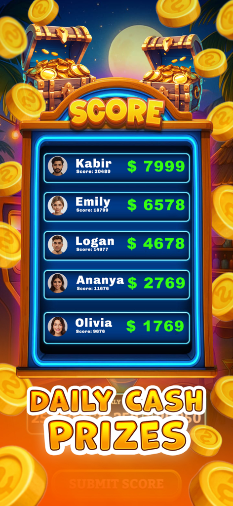 Slots Mania: Skill Slot Games - Leaderboard in Slots Mania showing player rankings and daily cash prizes