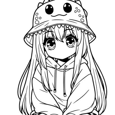 girl with anime shaped eyes with a dinosaur bucket hat oversized sweatshirt long straight hair