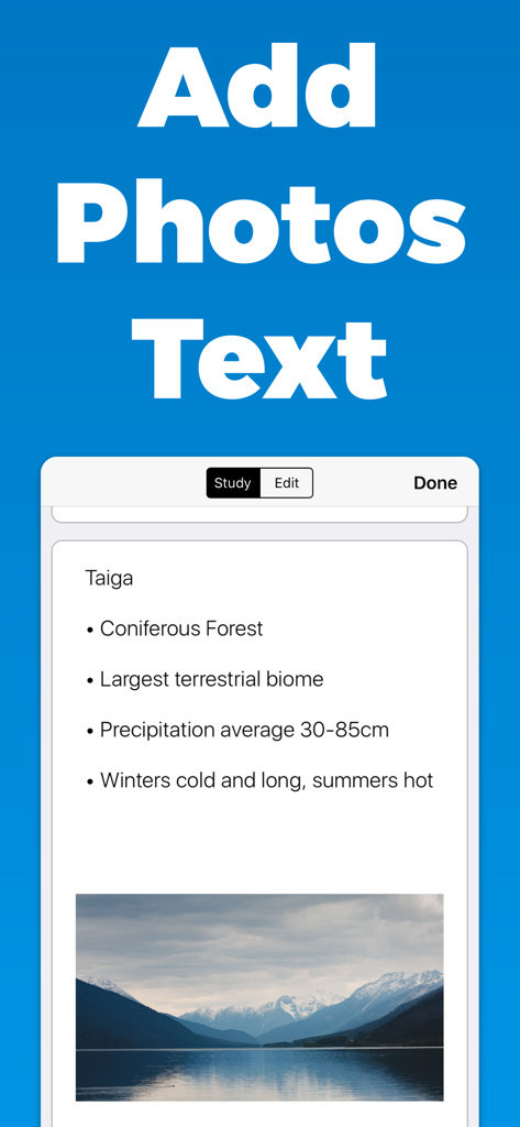 Flash Cards GO - Flashcards - Una tarjeta de memoria en la aplicación Flash Cards GO sobre el bioma de la Taiga que presenta texto descriptivo y una fotografía del paisaje.