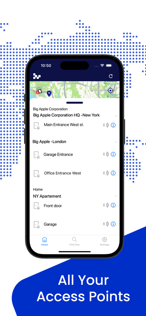 Bitwards - A smartphone displaying the Bitwards app interface with a list of digital keys for office and home access points