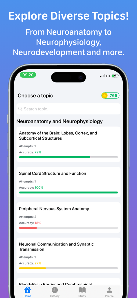 Neurology - Mobile app interface showing a list of neurology topics like neuroanatomy and neurophysiology with progress bars and accuracy scores
