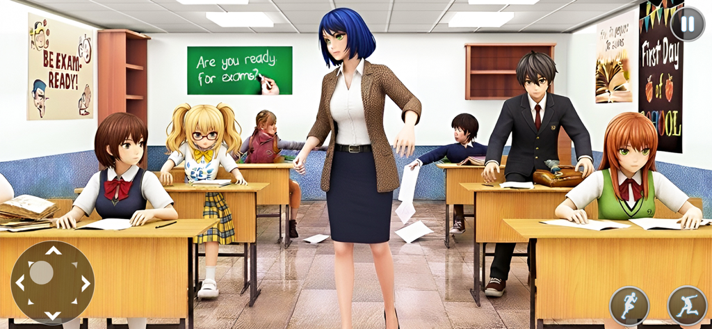 Cena de sala de aula 3D estilo anime com um professor e alunos em High School Simulator Life 3D