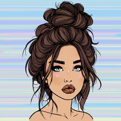 realistic girl with a messy bun and she has lips