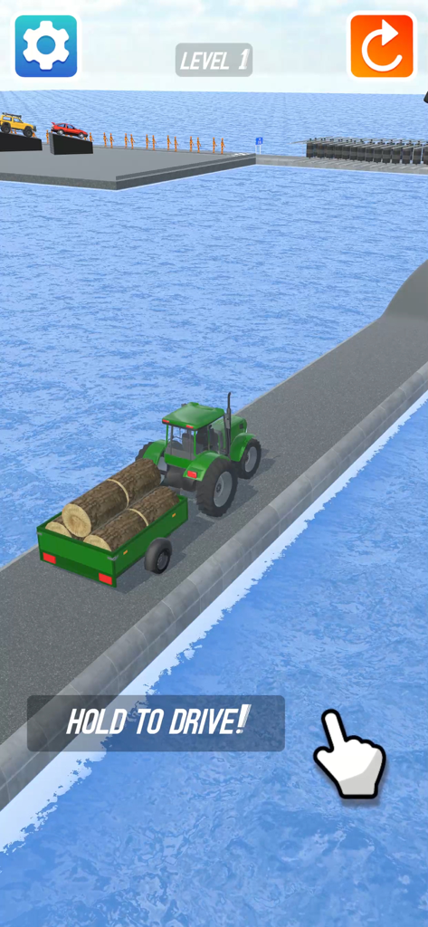 Crash Master 3D - A green tractor pulling a log trailer on a narrow bridge in Crash Master 3D
