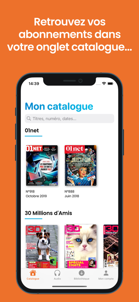 Digitaler Magazinkatalog in der MyViapresse Mobile App, der verschiedene französische Publikationen anzeigt