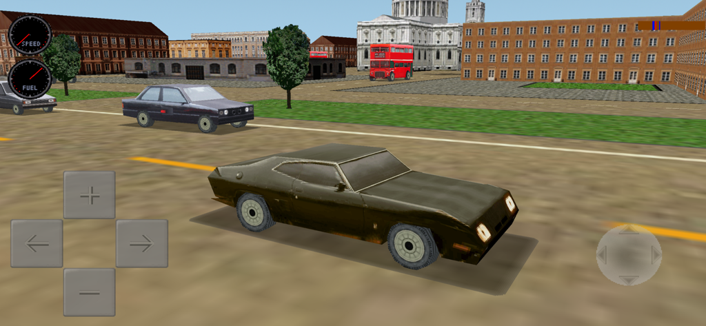Mad Road 3D - Combat cars game - Gameplay of Mad Road 3D showing a combat car in a city setting with on screen controls