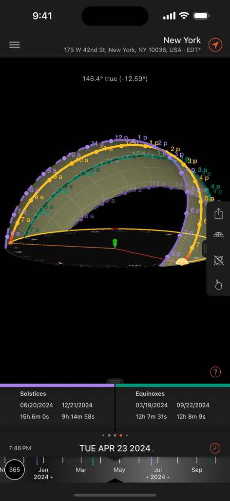 Sun Surveyor Lite - Sun Surveyor Liteアプリインターフェース、3D太陽軌道、ニューヨークの夏至と分至の日付を表示