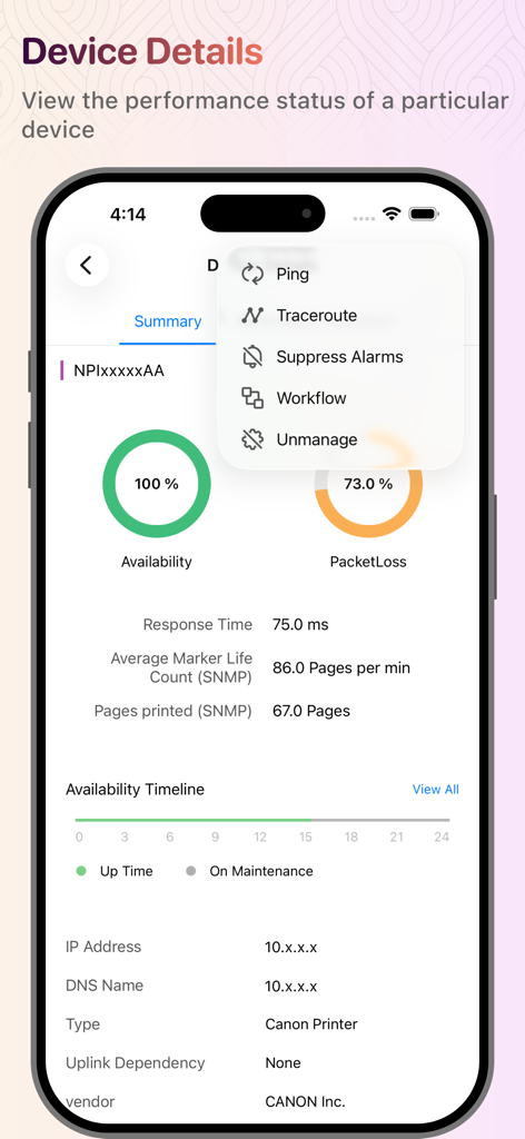 OpManager - OpManager mobile app interface displaying device details and network performance metrics for a printer.