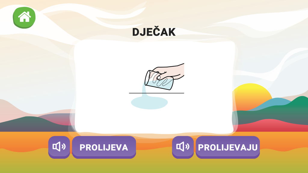 Interface of Language Builder app showing a singular and plural verb selection task for children