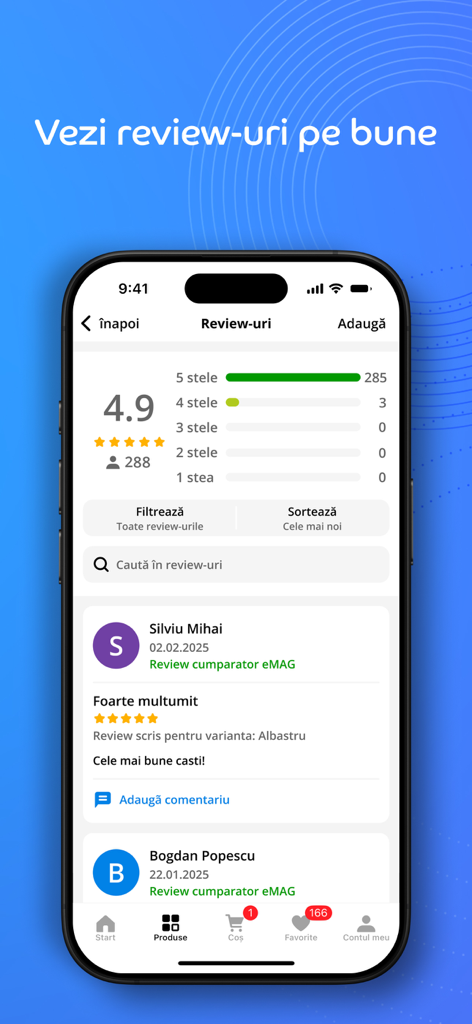 eMAG.ro - eMAG mobile app interface showing customer product reviews and star ratings