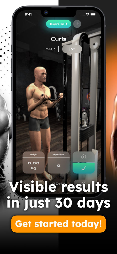 Gym Workout Tracker Planner AI - Interfaz de la aplicación Gymnotize que muestra un personaje masculino animado en 3D realizando curl de bíceps en una máquina de cables con entradas de seguimiento de peso y repeticiones.