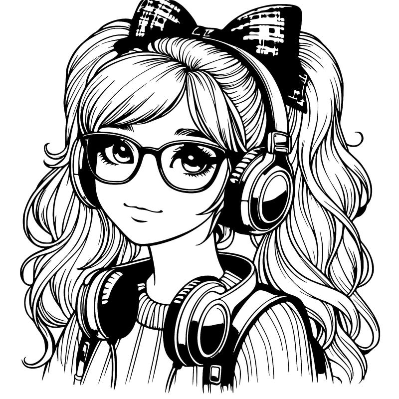 realistic girl with ponytail headphones glasses and a bow in her hair
