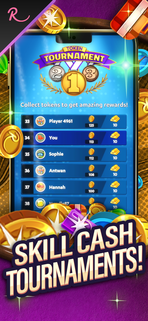 Match To Win: Real Money Games - Classifica del Token Tournament in Match To Win che mostra i posizionamenti dei giocatori e i premi