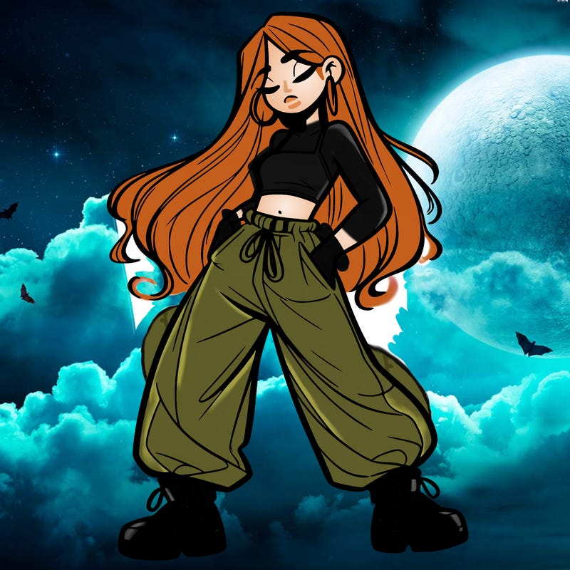 girl in baggy pants crop top and long hair