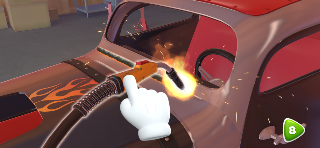 Car Mechanic - Restore Cars - A player using a welding tool to repair the metal body of a classic car with flame decals