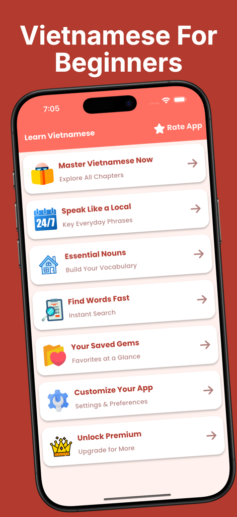 Learn Vietnamese For Beginners - Main menu of the Learn Vietnamese For Beginners mobile app displaying various language learning modules and features.