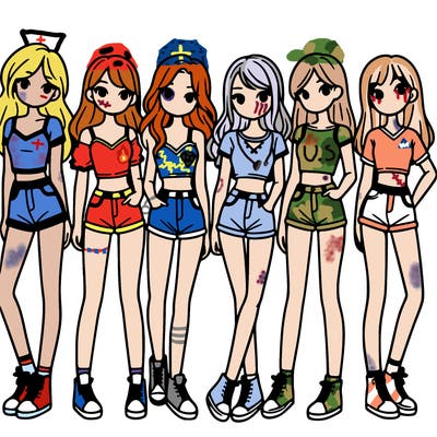 a group of girls wearing crop tops and shorts