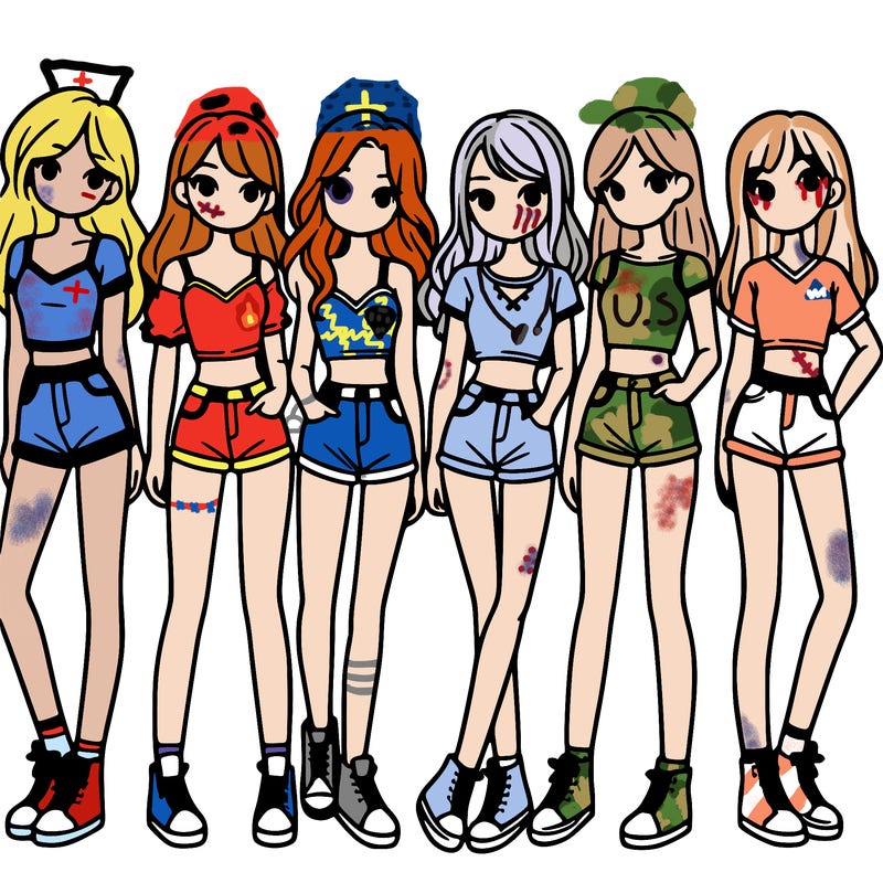 a group of girls wearing crop tops and shorts