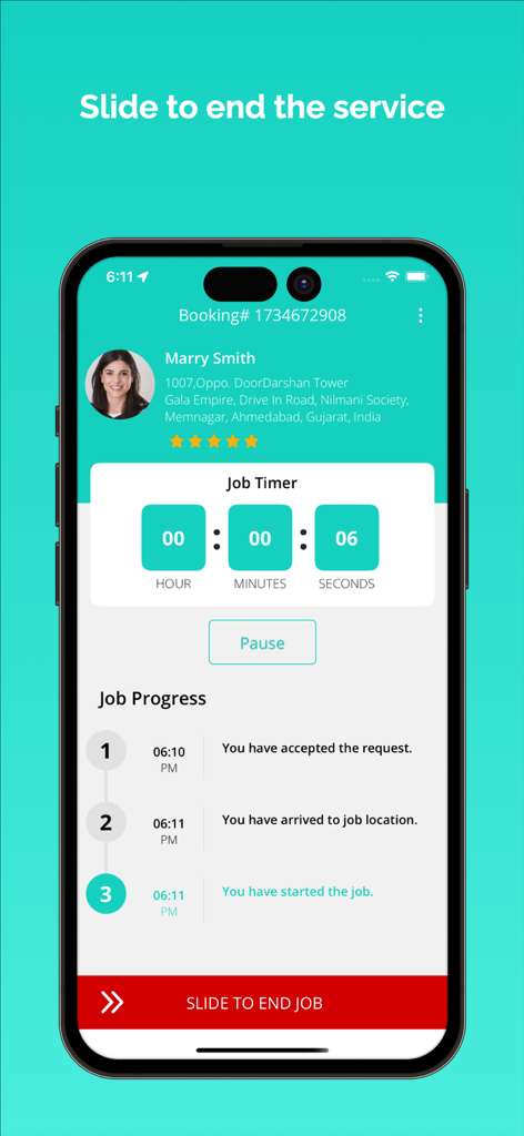 XMassage Masseur - Interface do aplicativo XMassage Masseur mostrando um cronômetro de trabalho ativo e acompanhamento de progresso passo a passo para um serviço de terapeuta de massagem.