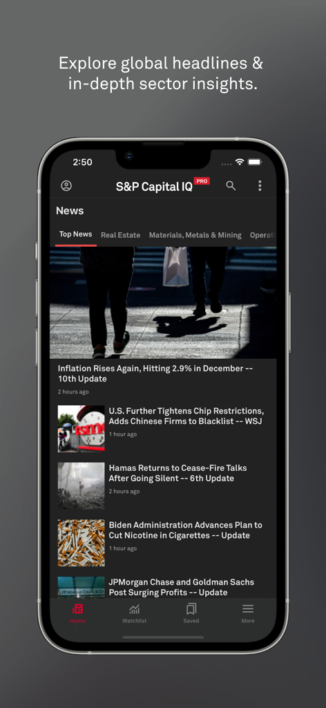 S&P Capital IQ Pro - S&P Capital IQ Pro mobile App-Oberfläche zeigt globale Finanznachrichten und Branchenkenntnisse an.