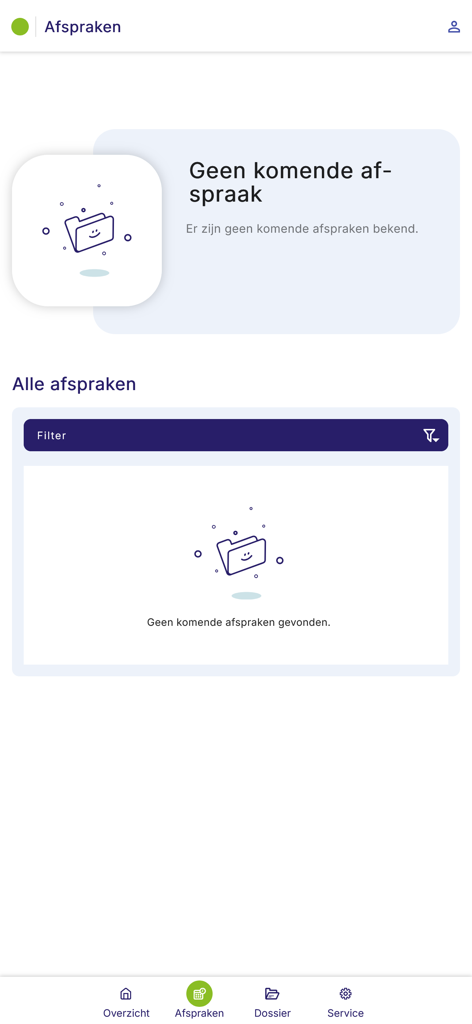 MijnHaga - The appointments screen of the MijnHaga app showing no upcoming medical appointments with a folder illustration.
