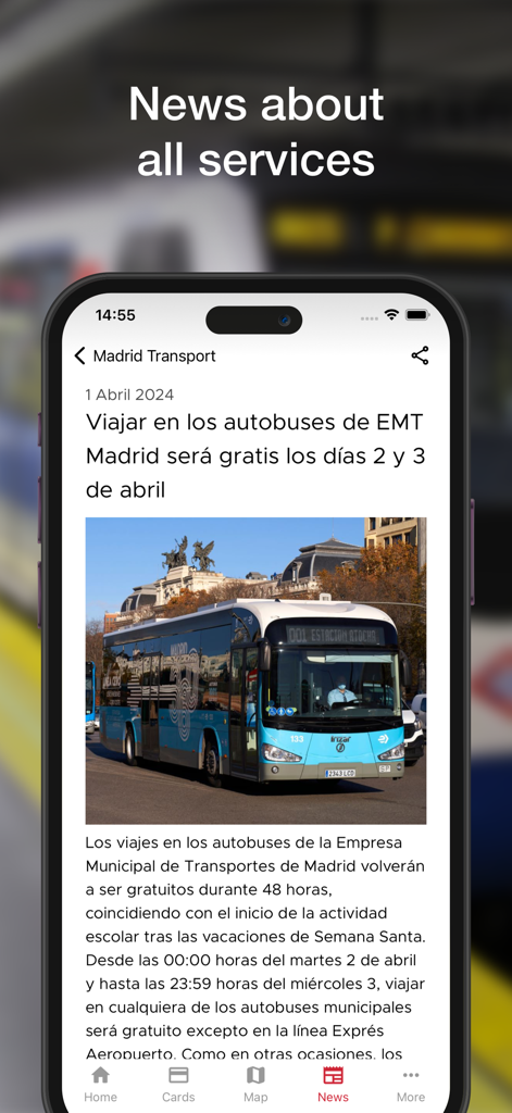 Screenshot of the Madrid Transport app news section showing updates about public transit services.